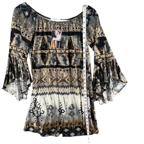 Parker Mini Dress XS Black Gray Tan Gold Abstract Stretch Bell Sleeve Boho Chic - Picture 10 of 14